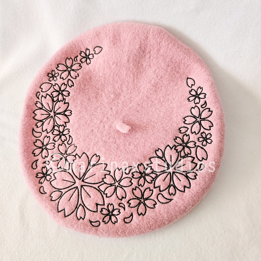 [Sample] Pink Sakura Beret - Black Embroidery